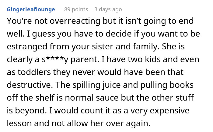 Text comment about hosting sister and nephew leading to family drama and $2,000 damages.