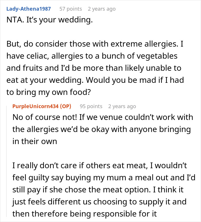 Text discussion about wedding meal options and allergies, focusing on not providing a meat option. Text discussion about wedding meal options and allergies, focusing on not providing a meat option.