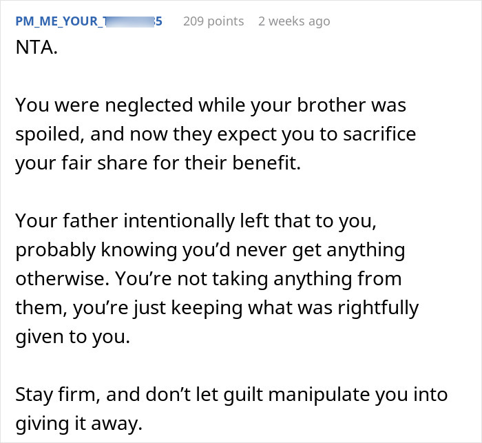 Reddit comment advising on fairness in keeping money from a parents' apartment share.
