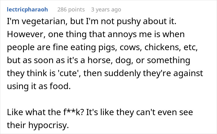 Text discussing vegetarian views on hypocrisy in food choices, mentioning pigs, cows, and horse meat.