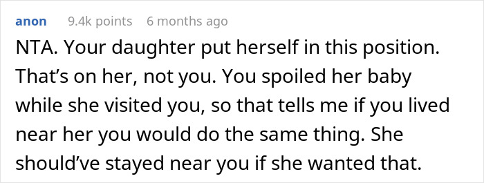 Comment discussing a mother feeling hurt because her distant daughter expects equal help with childcare as her sister nearby.