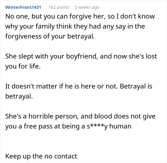 Text exchange about a woman refusing to rekindle a relationship with her sister after a betrayal involving a man.