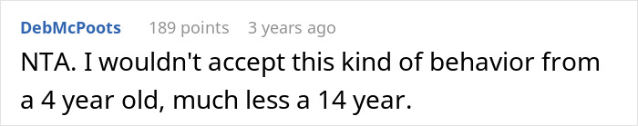 Comment criticizing spoiled boy's behavior, mentioning acceptance for a 4-year-old versus a 14-year-old.