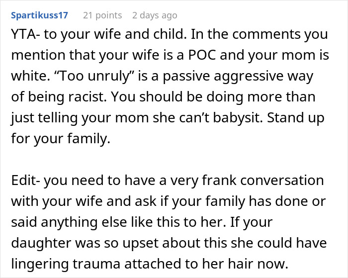 Comment discussing MIL cutting child's hair and babysitting issue.