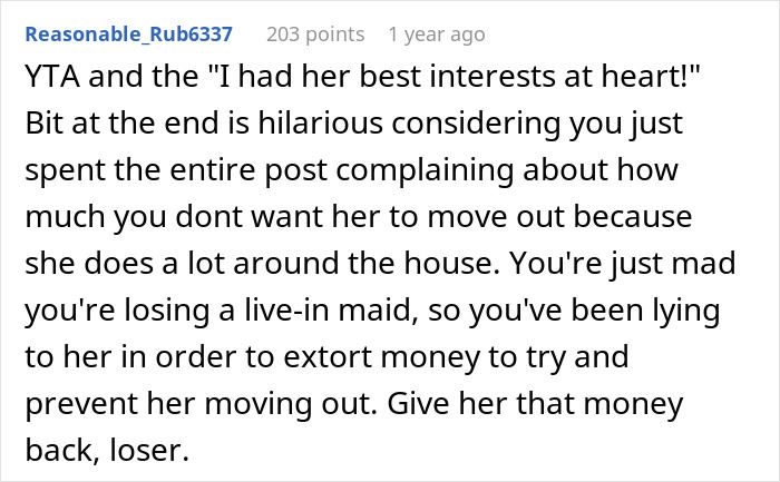 Comment criticizing a man for overcharging rent to his stepdaughter, highlighting his motives related to chores.