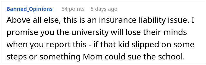 Text comment discussing university liability and potential lawsuit if a child is injured.