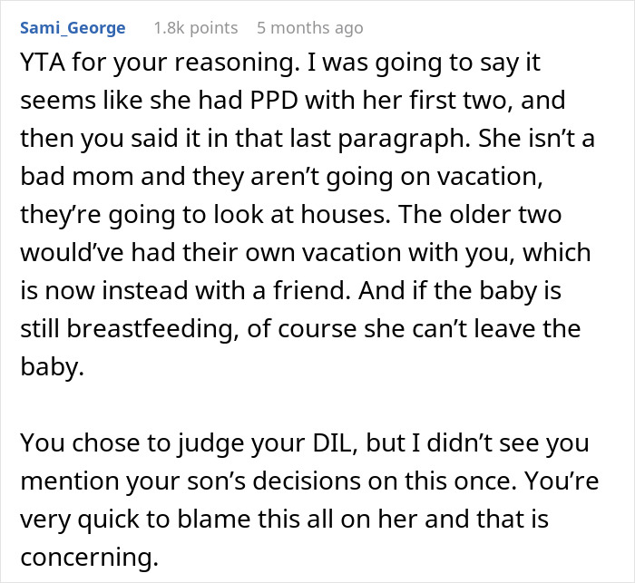 Comment discussing grandma&rsquo;s favoritism issues with DIL and baby, addressing vacation plans and breastfeeding concerns.