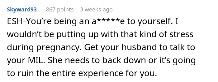 Comment advising a woman to manage stress and address her MIL during pregnancy.