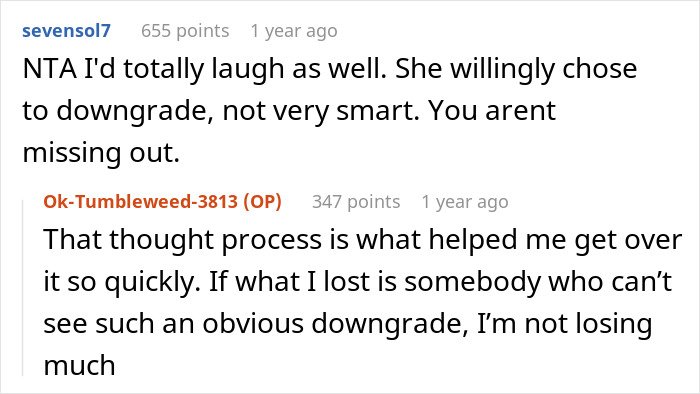 Text exchange about being dumped before Valentine&rsquo;s, finding humor as she returns to ex, called a downgrade by commenters.