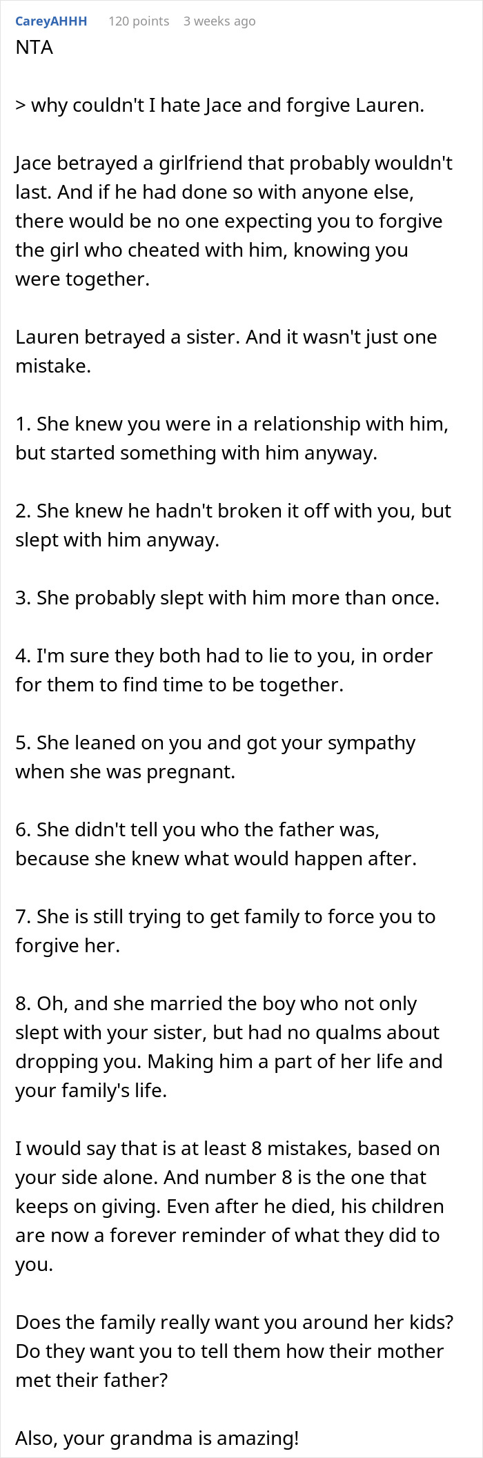 Text exchange discussing refusal to rekindle relationship with sister after past romantic conflict.