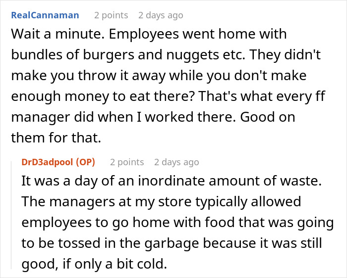 Reddit discussion about employees following break policy and taking home leftover food to reduce waste.