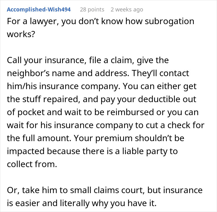 Text exchange about insurance claims and subrogation after storm damage involving a trampoline.