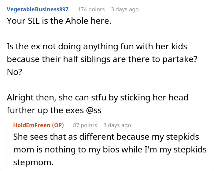 Text exchange discussing stepmom exclusion at events, addressing potential intentional exclusion by a SIL.