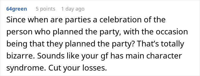 Reddit comment discussing a girlfriend turning a birthday dinner into her celebration.