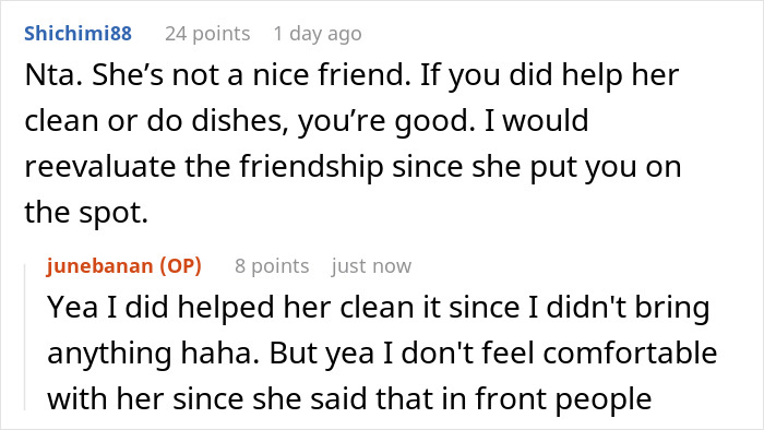 Text conversation about a friend showing up empty-handed to a potluck and feeling uncomfortable.