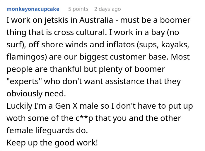 Comment discussing boomer customers refusing help and lifeguards managing fragile male egos while working on water sports.