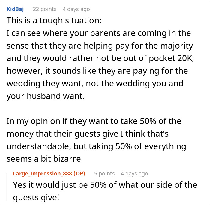 Reddit thread discussing wedding reception cost and gift-sharing agreement.