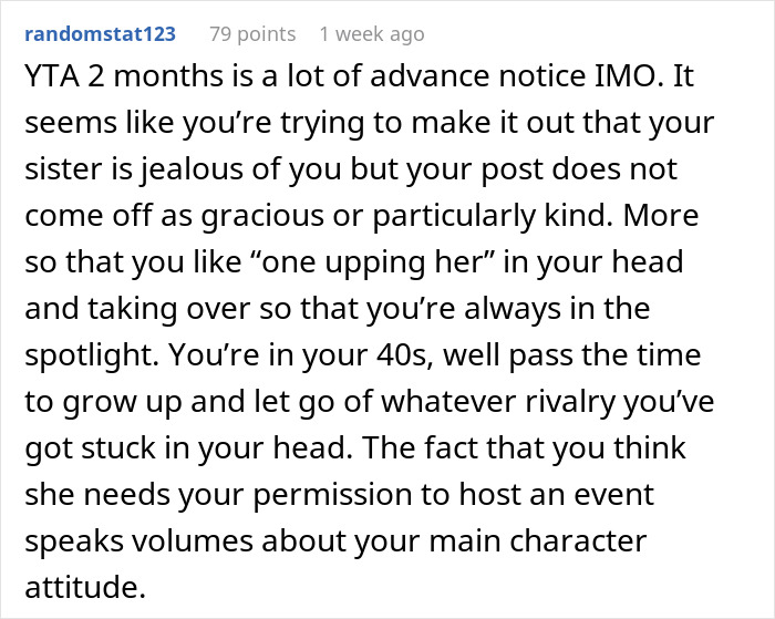 Reddit comment discussing shutting down a sister after trying to change tradition, highlighting family rivalry and attitudes. Reddit comment discussing shutting down a sister after trying to change tradition, highlighting family rivalry and attitudes.