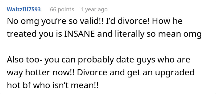 Reddit comment discussing weight loss and relationship advice about divorce. Reddit comment discussing weight loss and relationship advice about divorce.