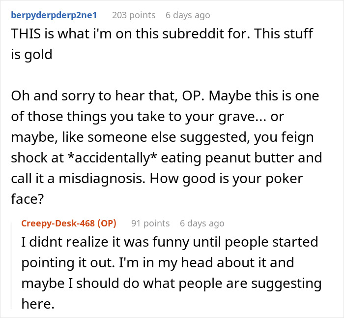 Reddit comments discussing a fake allergy situation turning complicated with suggestions and reactions.