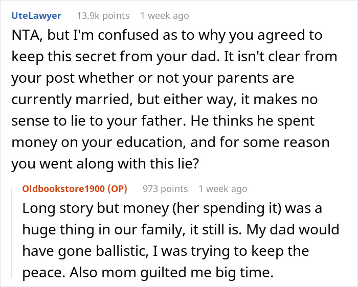 Reddit conversation about mom asking son for cash after stealing college fund and family conflict over money.