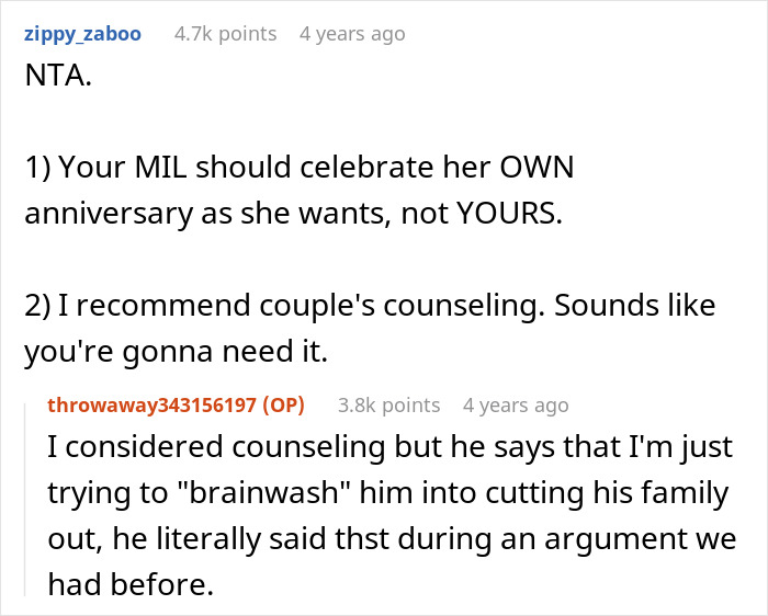 Reddit users discussing family conflict over anniversary celebration and counseling advice.