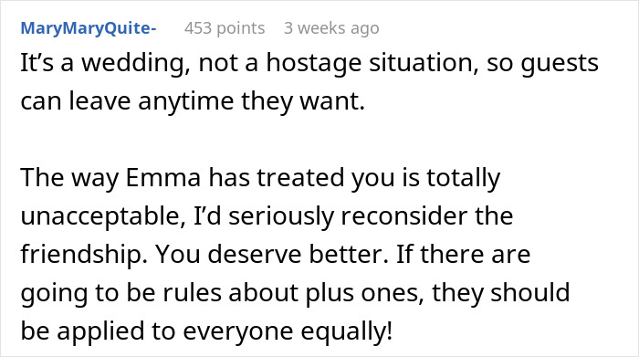 Comment discussing wedding rules about plus ones and evaluating friendship fairness.