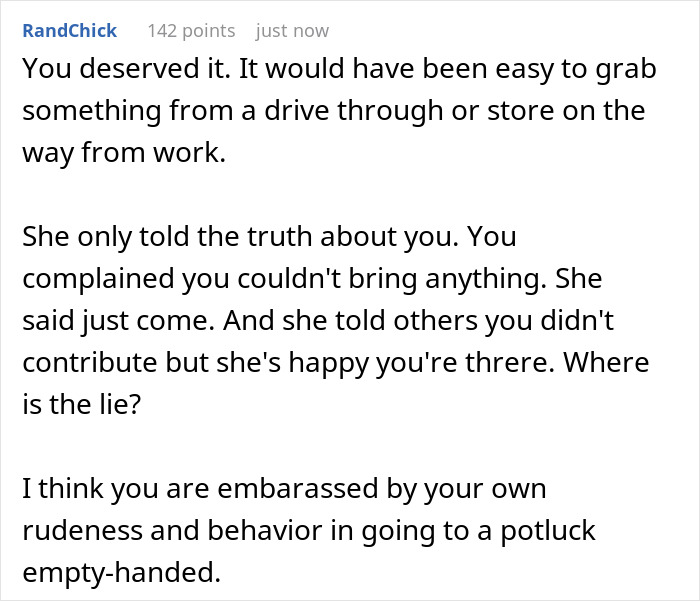 Text exchange about a friend arriving empty-handed to a potluck despite being told not to bring anything.