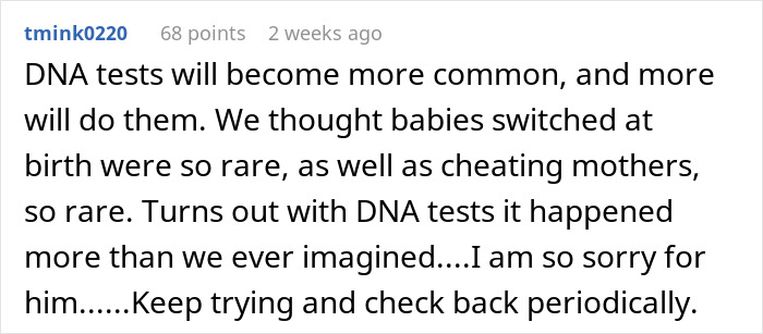Comment about surprising family DNA test results discussing common occurrences and encouragement to keep checking frequently.