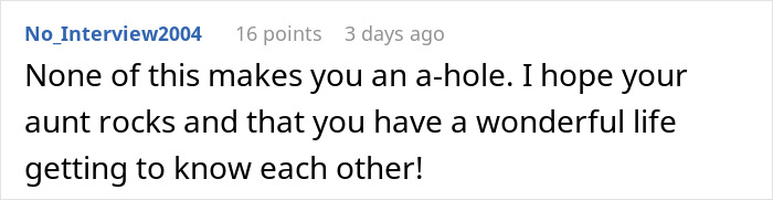 Screenshot of online comment about hoping aunt and user have a wonderful life getting to know each other, referencing long-lost grandfather inheritance.