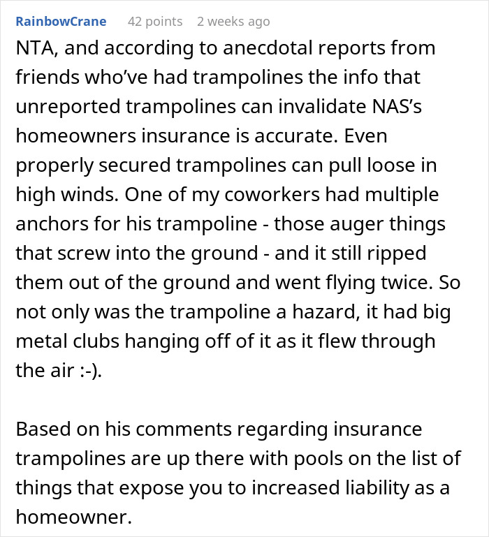 Anecdotal report on trampoline hazards during storms and insurance implications for homeowners.