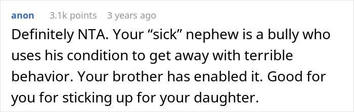 Reddit comment criticizing spoiled boy's behavior, mentioning nephew's actions and support for daughter's stance.