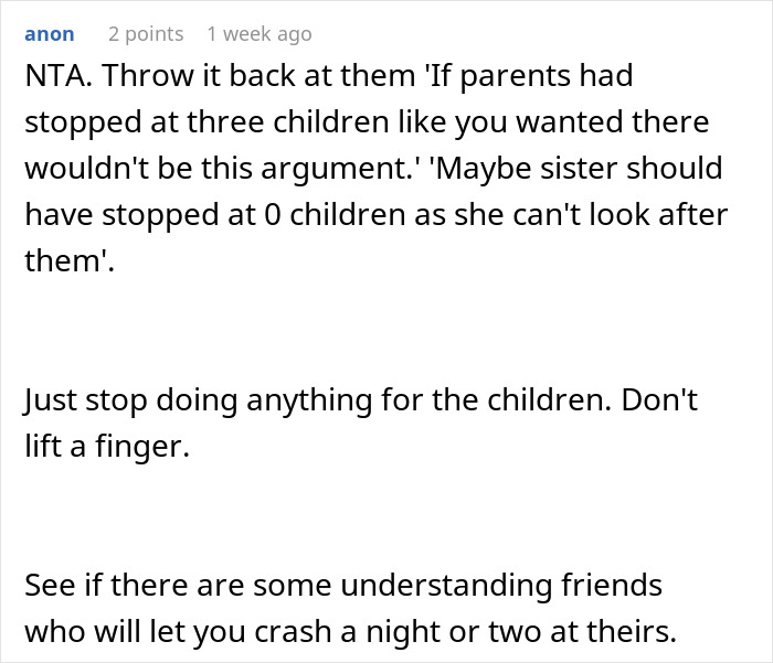 Reddit comment discussing a babysitting disagreement involving nephews. Reddit comment discussing a babysitting disagreement involving nephews.