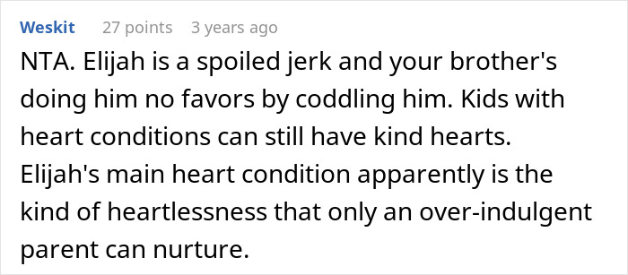 Comment criticizing a spoiled boy's behavior, emphasizing indulgent parenting and lack of kindness.