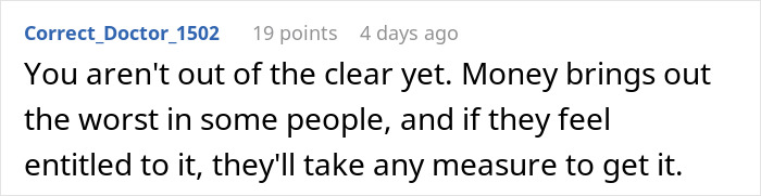 Comment discussing entitlement and money issues.