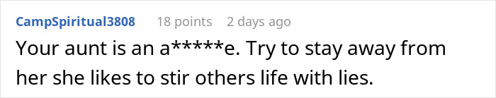 Screenshot of a Reddit comment about an aunt causing drama after the niece refuses to babysit her kids.
