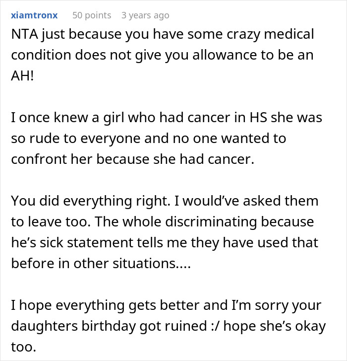 Reddit comment discussing a spoiled boy's behavior at a birthday party.