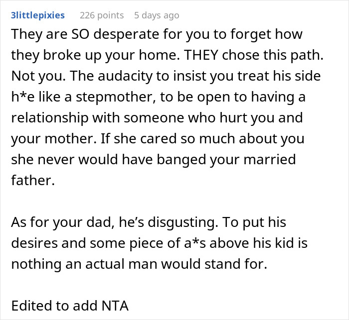 Comment discussing a woman trying to be a stepmom and facing backlash. Comment discussing a woman trying to be a stepmom and facing backlash.