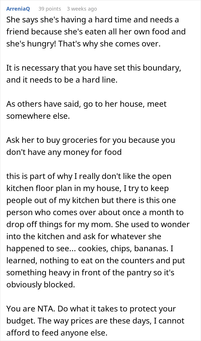 Discussion of woman confronting friend over eating $60 groceries. Comments suggest setting boundaries and alternatives.