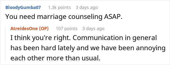 Online discussion about video games causing relationship tension and advice on marriage counseling.