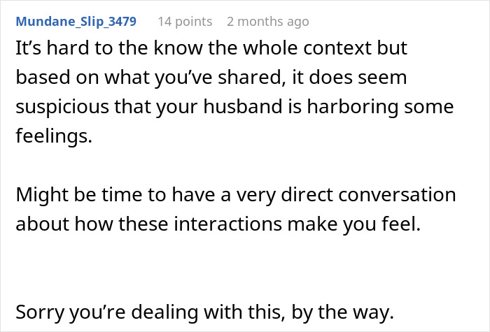 Screenshot of an online comment discussing suspicion and feelings about a husband&rsquo;s late-night drinks with a coworker.
