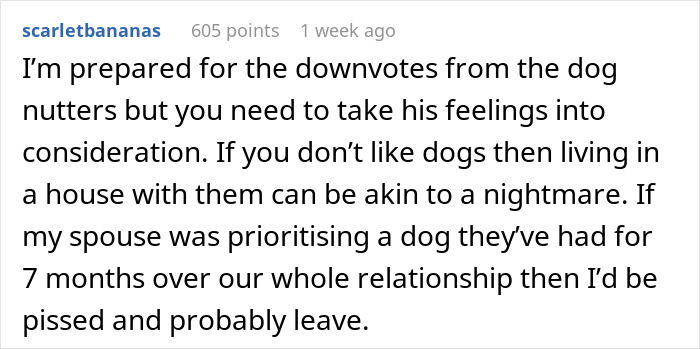 Reddit comment discussing a spouse's frustration with an adopted dog's behavior and relationship priority issues.