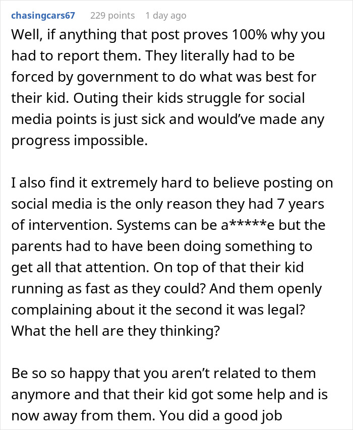 Comment discussing parents displaying daughter’s eating disorder online and CPS intervention. Comment discussing parents displaying daughter’s eating disorder online and CPS intervention.