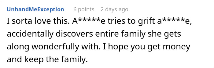 Screenshot of a comment about looking up a long-lost grandfather to ensure inheritance and family connection.