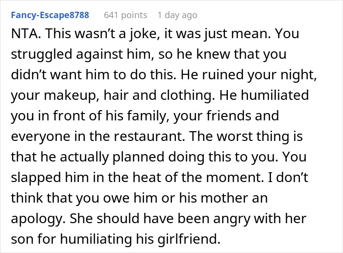 Text discussing a man humiliating his girlfriend by smashing cake in her face on her birthday.