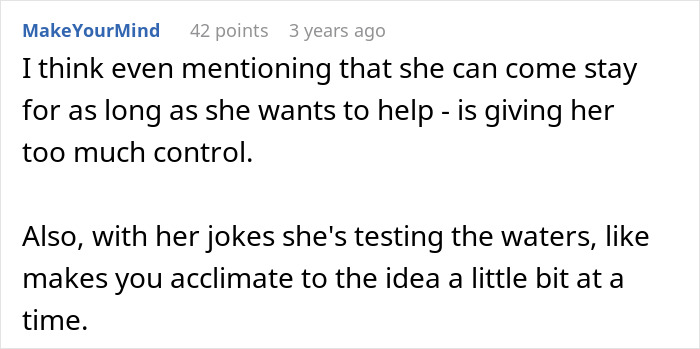 Comment discussing MIL's control and testing boundaries with jokes, related to baby scenario.