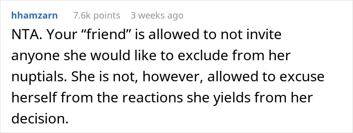Reddit comment discussing friend&rsquo;s wedding and exclusion of guests without a plus one.