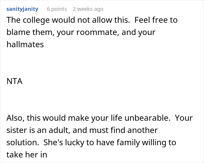 Reddit comment about college dorm room sharing issues with sibling and her baby.