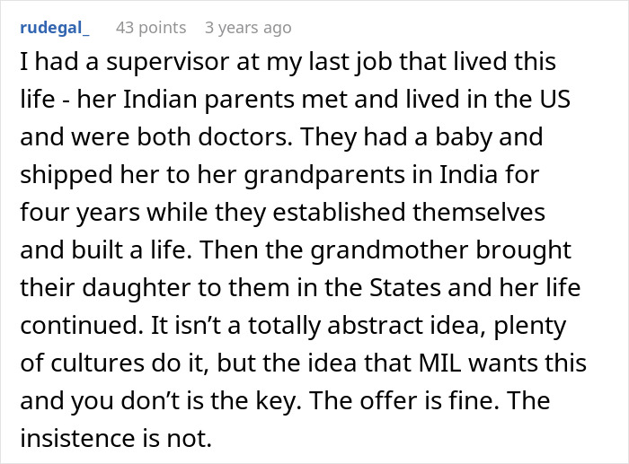 Text discusses a mother-in-law's offer to take the baby, making the woman feel scared and uneasy.