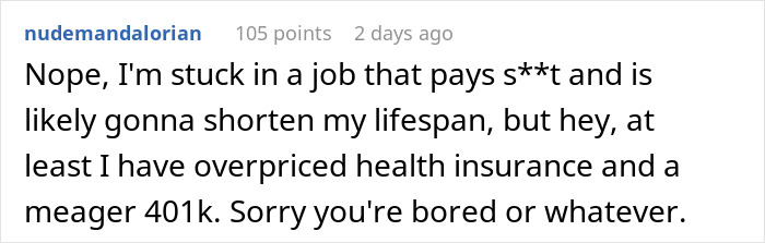 Screenshot of a comment discussing job dissatisfaction and financial concerns.